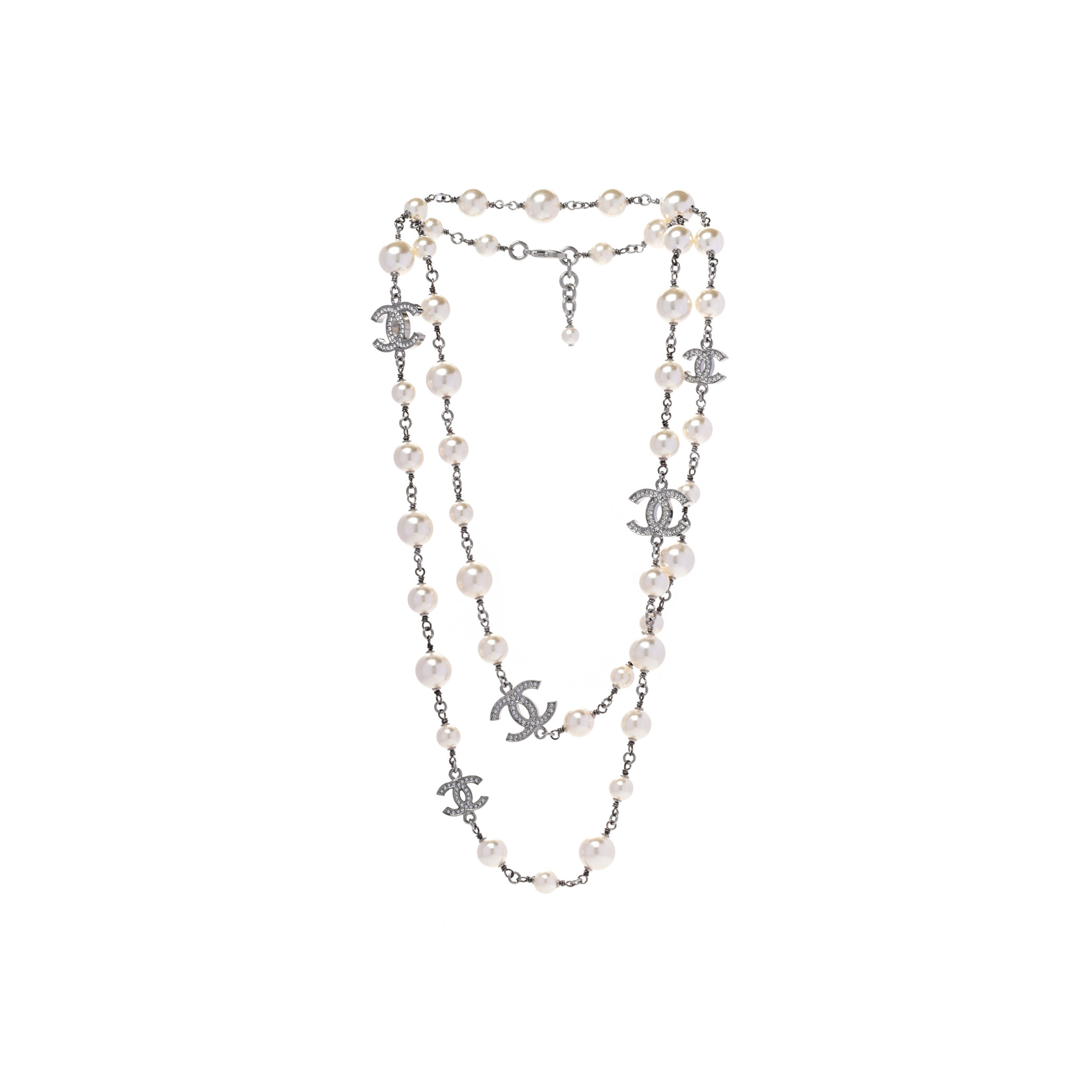 CHANEL GRADUATED PEARL CRYSTAL CC LONG NECKLACE SILVER